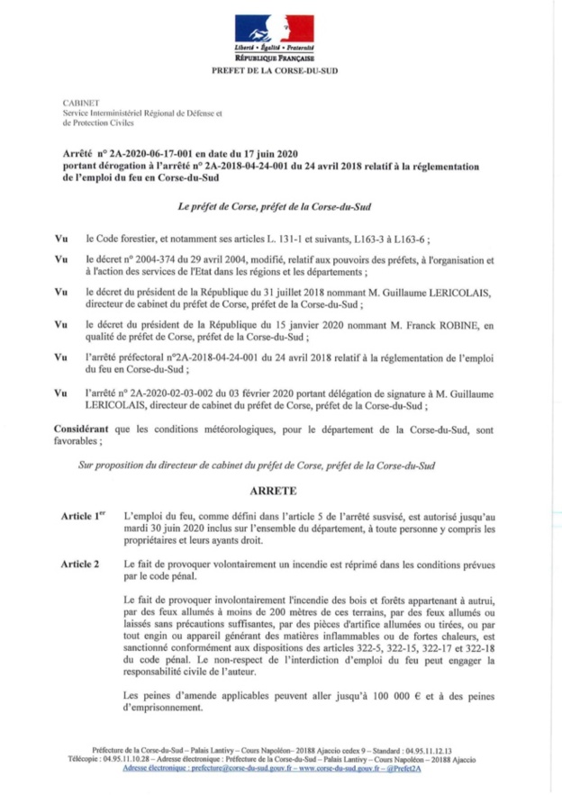 Arrêté préfectoral relatif à la réglementation de l'emploi du feu en Corse du Sud