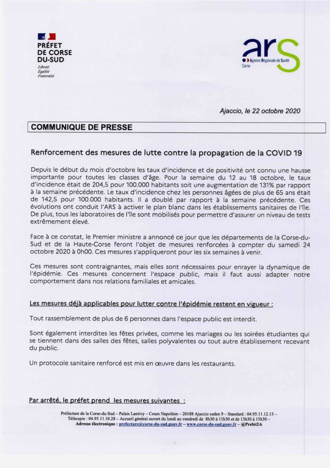Communiqué de presse Préfecture de Corse du Sud et ARS