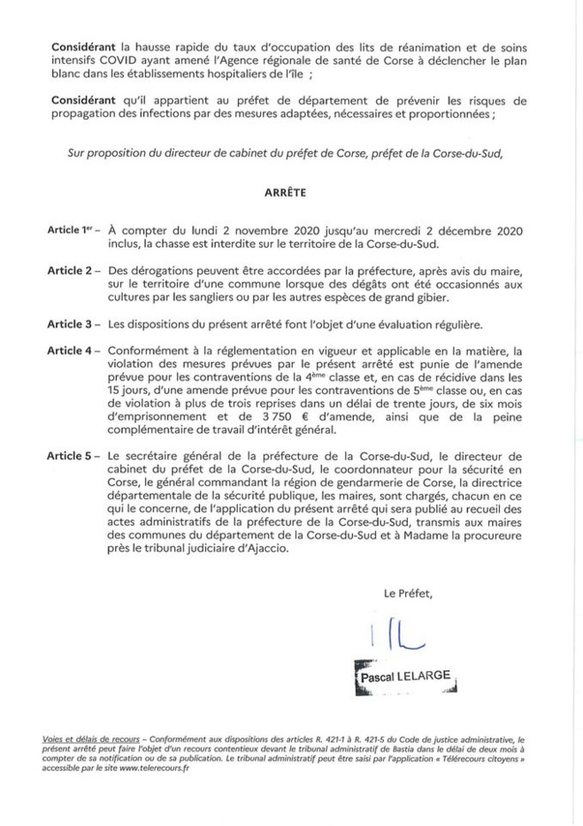 Arrêté préfectoral portant sur l'interdiction de la chasse en Corse-du-Sud