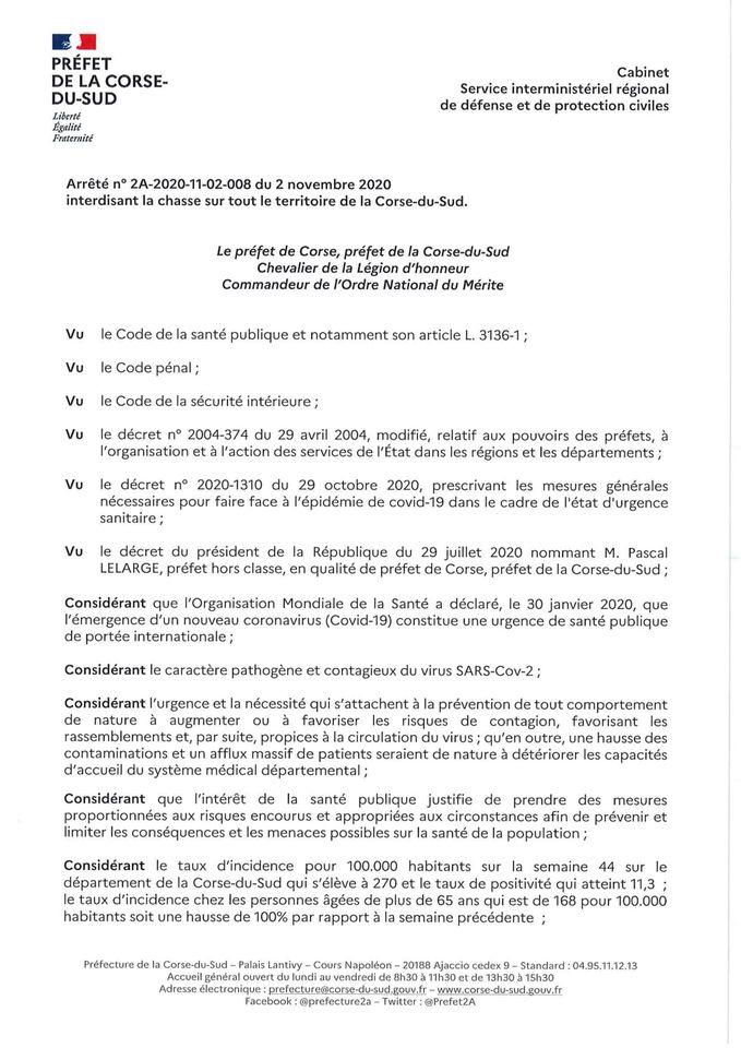 Arrêté préfectoral portant sur l'interdiction de la chasse en Corse-du-Sud