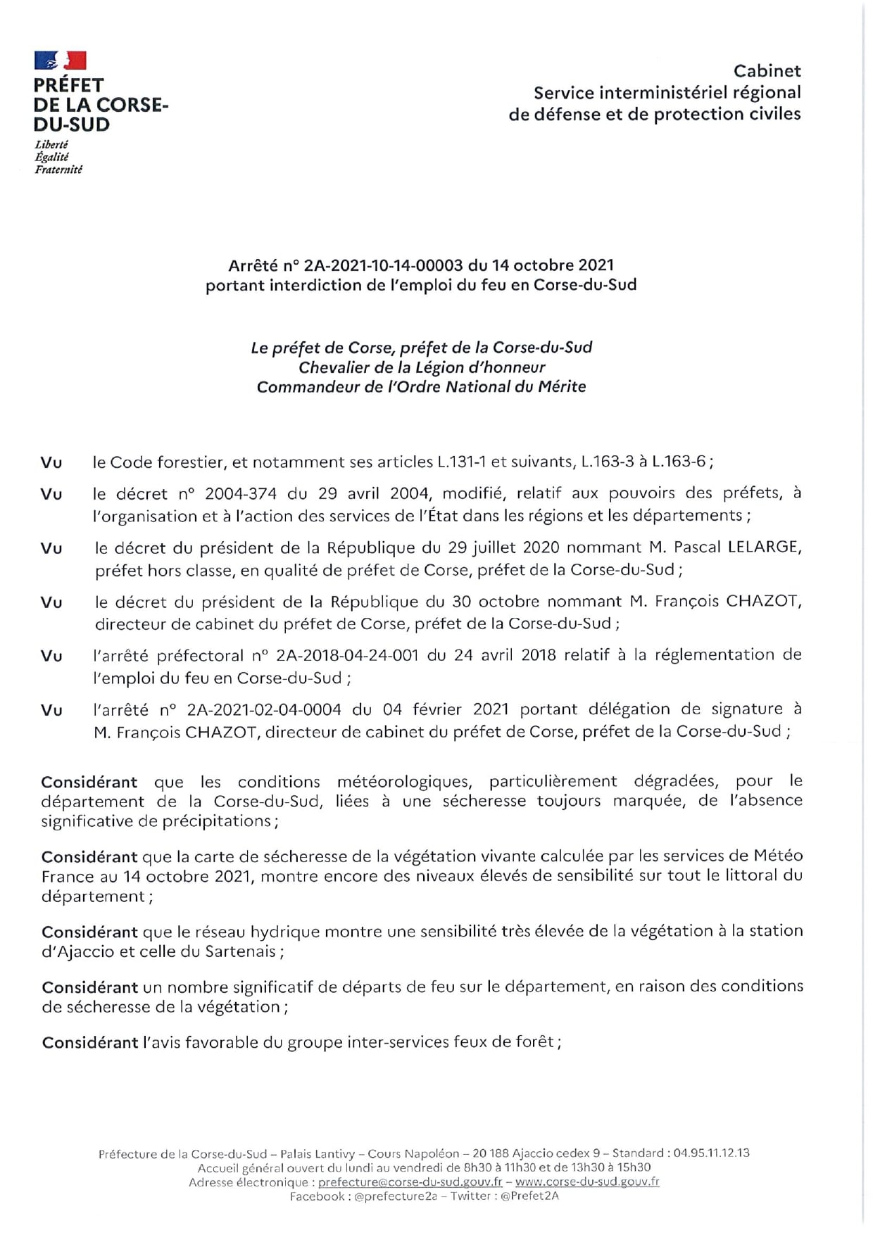 Interdiction d'usage du feu en Corse du Sud jusqu'au Lundi 8 Novembre inclus 