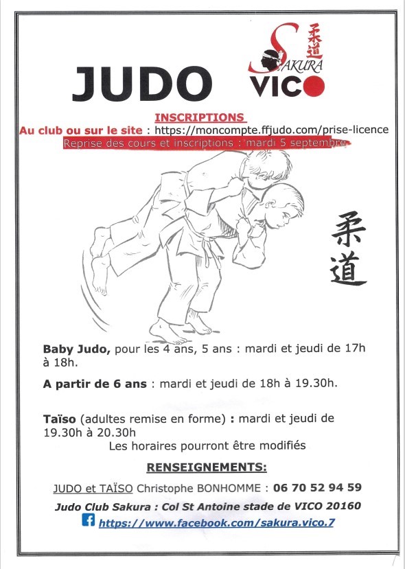 Reprise des cours de Judo Enfants et Adultes à Vico 